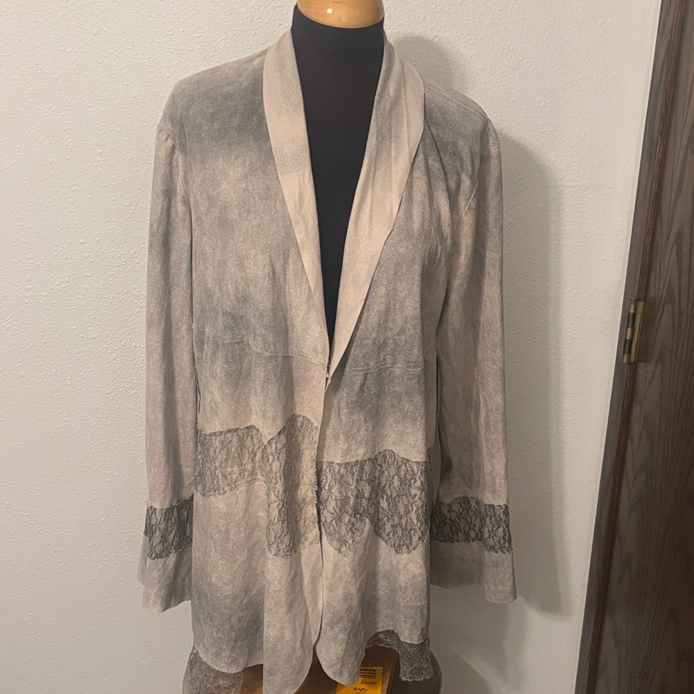 Vocal Faux Suede Lace Trimmed Open Front Cardigan size 3X